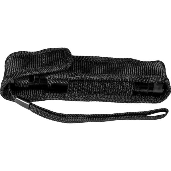 Black woven flashlight holster with a strap, ideal for secure and easy carrying of small flashlights while on the go.