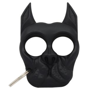 Black dog-shaped self-defense keychain with two finger holes and pointed ears.