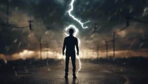 Silhouette of person standing in stormy street with intense lightning in background.