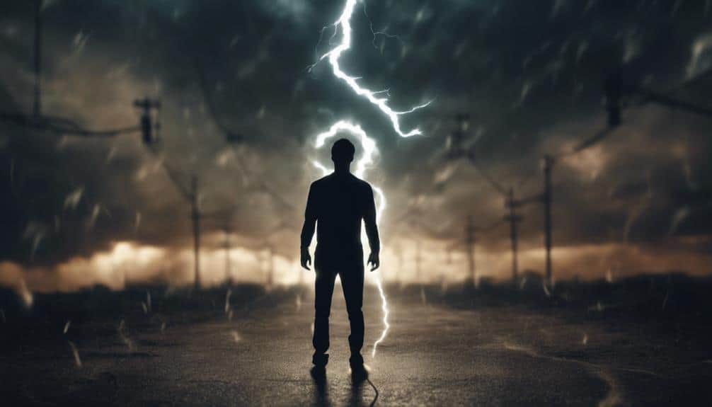 Silhouette of person standing in stormy street with intense lightning in background.