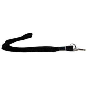 Black wrist lanyard with a silver key ring for ID cards or accessories, isolated on a white background.