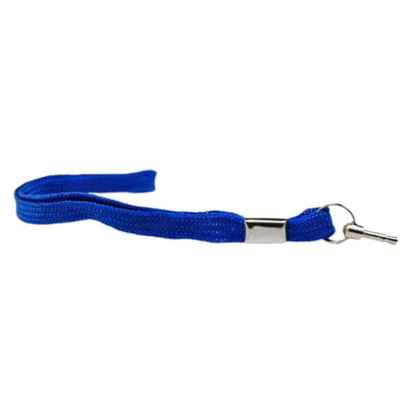 Blue wrist strap keychain with metal clip on white background.