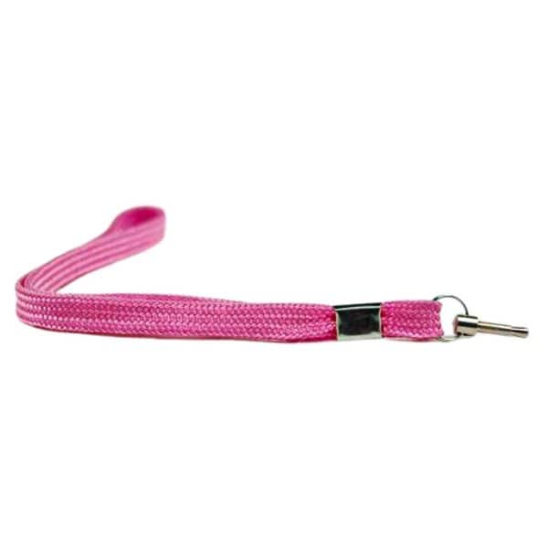 Pink woven wrist strap with metal clip, isolated on white background, suitable for keys or small devices.
