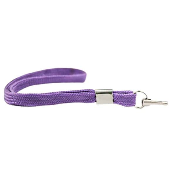 Purple woven wrist strap with a metal connector, suitable for small electronic devices and keychains.