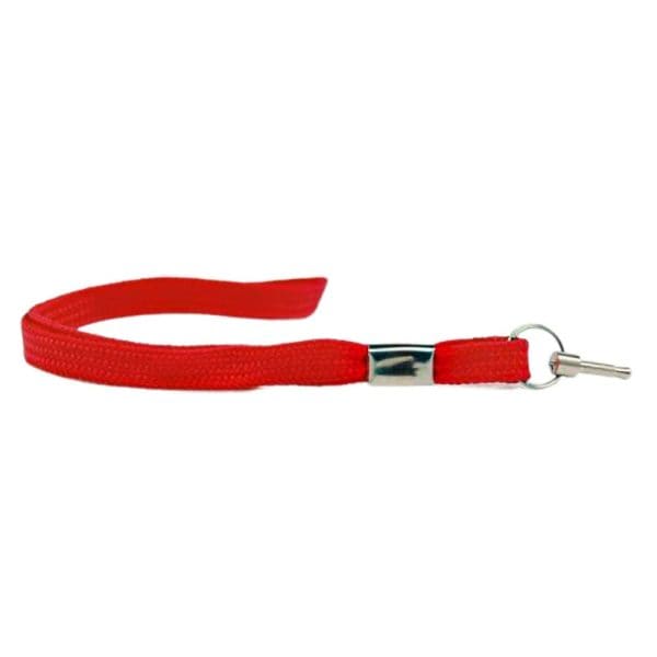 Red wrist strap with metal loop attachment, ideal for holding keys or gadgets securely.