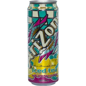 Colorful Arizona Iced Tea can with lemon flavor, 23 fl oz size, vibrant design on a white background.