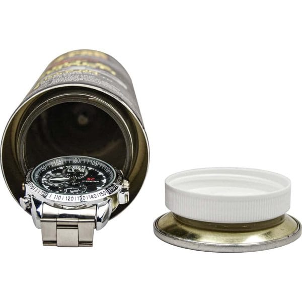 Hidden compartment watch in an open can safe on a white background, showcasing a clever storage solution.