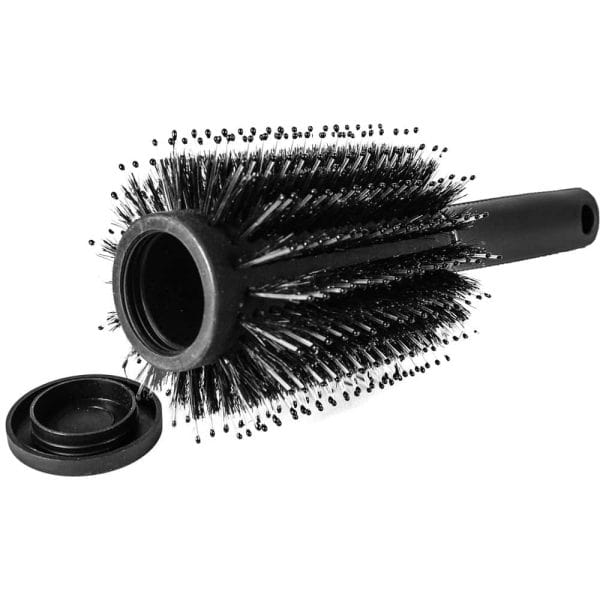 Round hair brush with detachable handle, featuring dense bristles for styling and volumizing hair effortlessly.