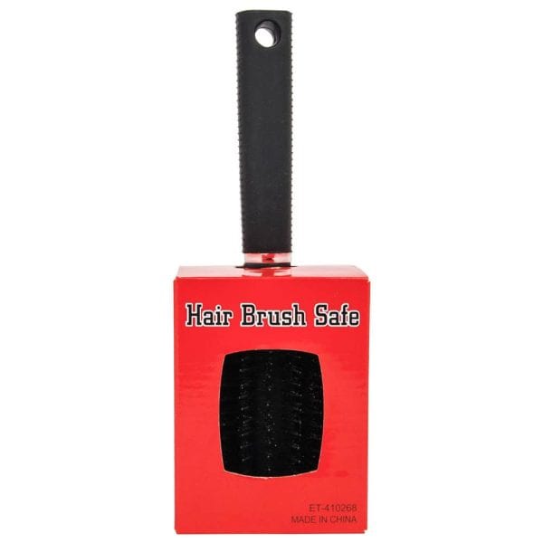 Red hair brush safe with black handle, discreet storage solution for valuables and personal items.