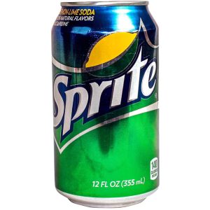 Green Sprite soda can with lemon-lime design, 12 fl oz, 140 calories per can