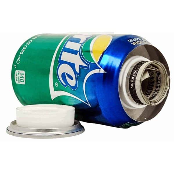 Soda can safe with hidden compartment for storing cash, featuring open view with rolled bills inside.
