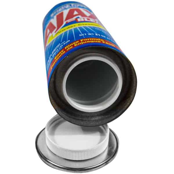 Open can of Ajax Cleanser with blue label and white cap, illustrating household cleaning product packaging.