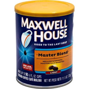 Maxwell House Master Blend coffee can, light roast, 11.5 oz, mellow and smooth flavor, new look packaging.