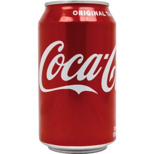 Red Coca-Cola can featuring classic logo on white background, representing the iconic soft drink brand.