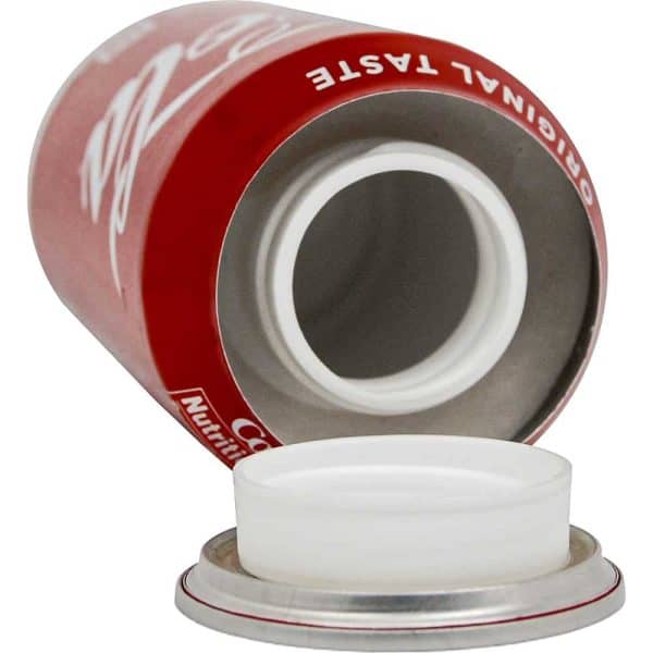 Red insulated beverage can tumbler with open lid, highlighting stainless steel interior. Ideal for keeping drinks cold.