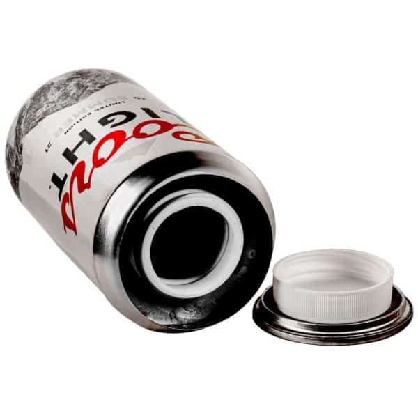 Open beer can with removed lid, displayed on a white background for product presentation.