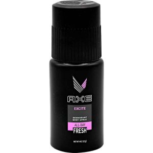 Axe Excite deodorant body spray, 4 oz black bottle with pink and white label, offering all-day fresh fragrance.