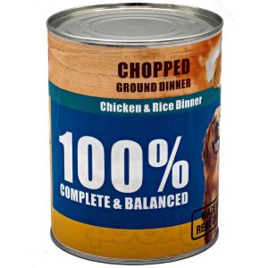 Tin of dog food labeled 100% Complete & Balanced, chicken and rice flavor, made with real chicken.