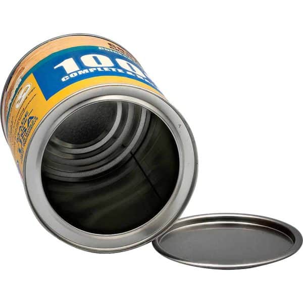 Empty open metal can with lid removed, featuring a blue and yellow label showing 100% Complete text.
