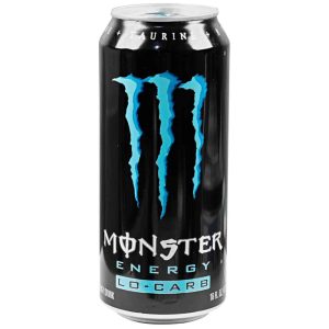 Lo-Carb Monster Energy Drink can with blue logo, 16 fl oz, on white background.