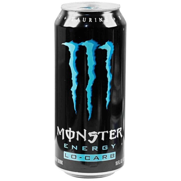 Lo-Carb Monster Energy Drink can with blue logo, 16 fl oz, on white background.