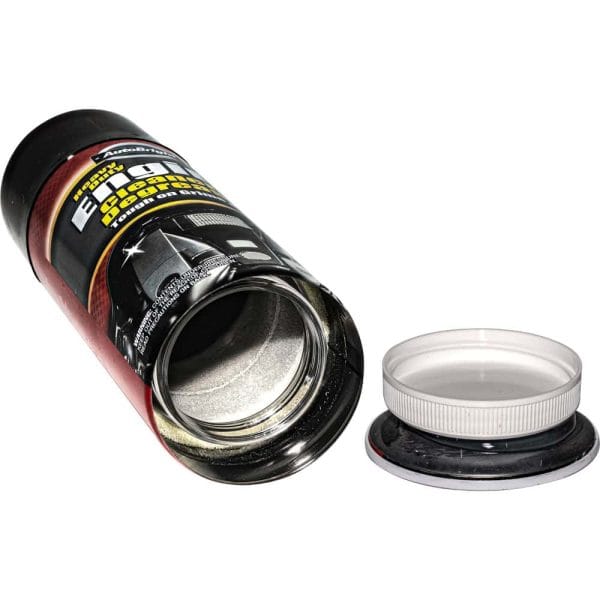 Hidden stash canister disguised as vehicle cleaner with open lid, revealing secret compartment storage.