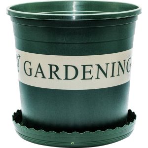 Green plastic gardening pot with a saucer, labeled GARDENING, ideal for indoor and outdoor plants.