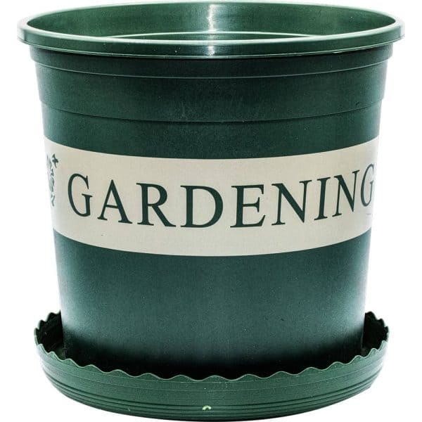 Green plastic gardening pot with a saucer, labeled GARDENING, ideal for indoor and outdoor plants.