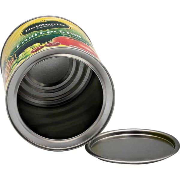 Empty fruit cocktail can with lid removed, showcasing interior, branded label visible with colorful fruit design.
