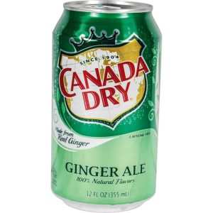 Canada Dry Ginger Ale can, 12 fl oz, green with logo. Caffeine-free, real ginger flavor. Refreshing soda beverage.