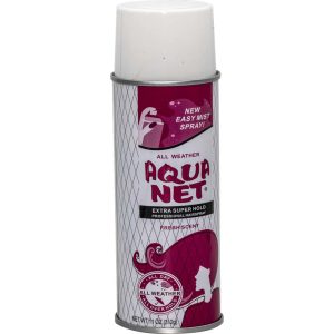 Aqua Net hairspray can, extra super hold, all weather, easy mist spray, fresh scent, white and purple design.