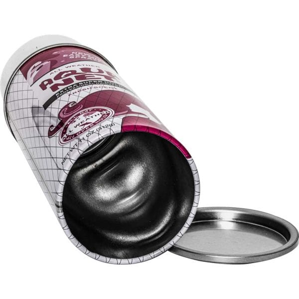 Empty opened paint can with lid on side, showcasing design and branding elements.