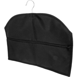 Black garment bag with zipper and hanger, ideal for travel and storage.
