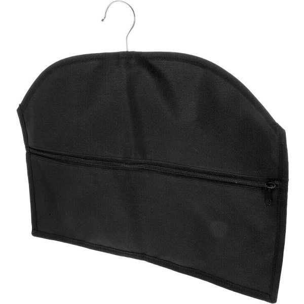 Black garment bag with zipper and hanger, ideal for travel and storage.
