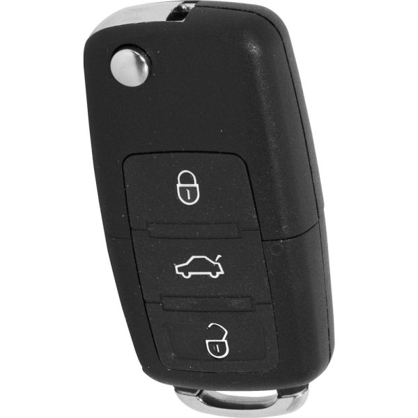 Black car key fob with lock, unlock, and trunk buttons, isolated on white background.