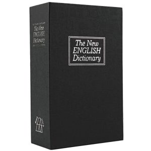 The New English Dictionary with black cover, closed book standing upright, white text on the cover.