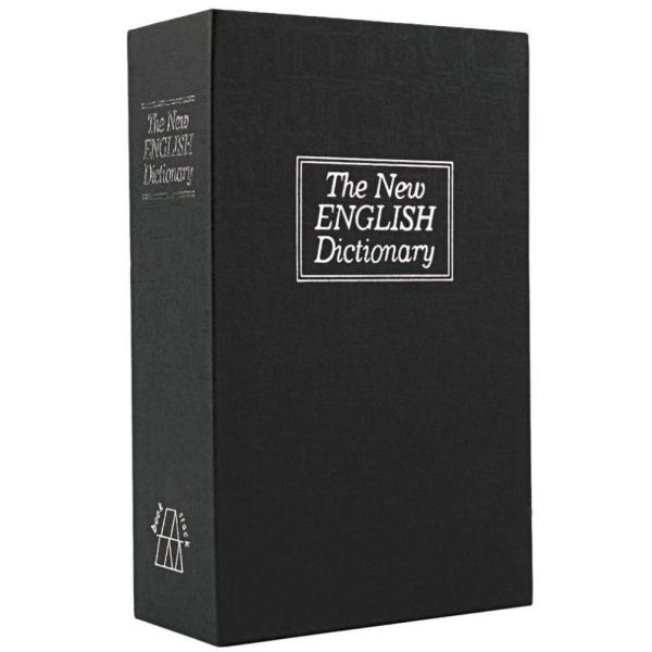 The New English Dictionary with black cover, closed book standing upright, white text on the cover.