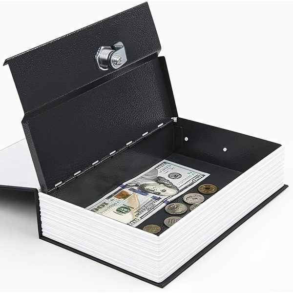 Hidden safe disguised as a book, containing cash and coins, showcasing secure and discreet money storage.