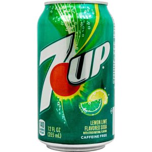 Can of 7UP soda with lemon-lime flavor, 12 fl oz, caffeine-free, showcasing vibrant packaging design.