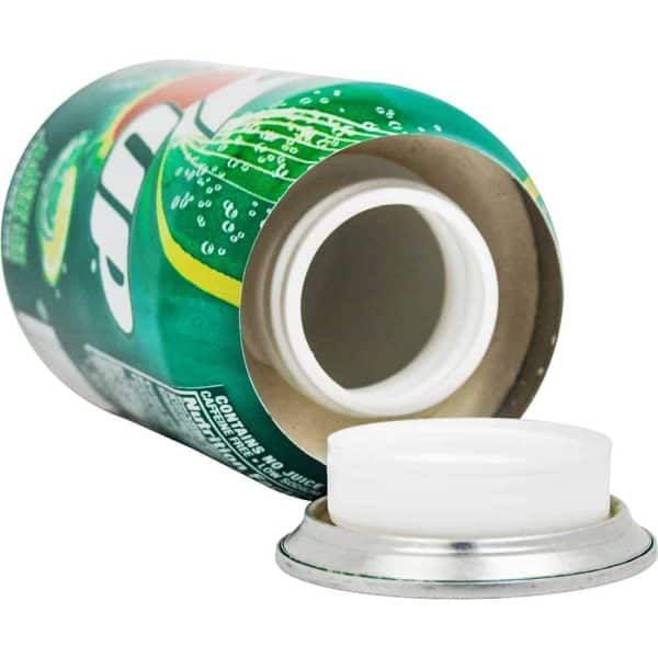 Hidden stash can disguised as a beverage, with removable bottom for secure storage.