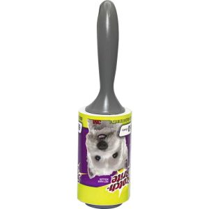 Lint roller with gray handle, designed for pet hair removal, featuring a playful dog image on the packaging.