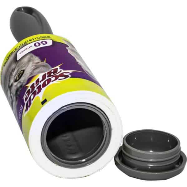 Lint roller with detachable cap, designed for pet hair removal, featuring a cat image on the label.