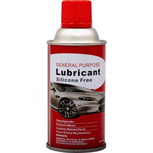 Red can of silicone-free general purpose lubricant with an image of a car on the label, used for stopping squeaks.