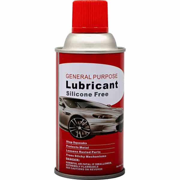 Red can of silicone-free general purpose lubricant with an image of a car on the label, used for stopping squeaks.