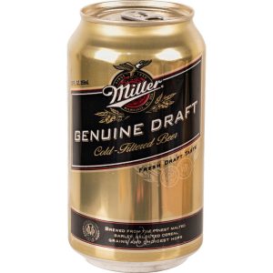 Cold-filtered Miller Genuine Draft beer can, showcasing fresh draft taste and premium brewing ingredients.