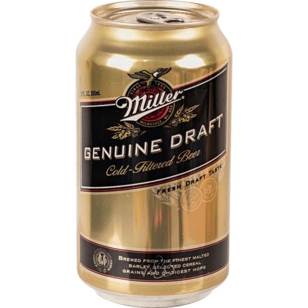 Cold-filtered Miller Genuine Draft beer can, showcasing fresh draft taste and premium brewing ingredients.