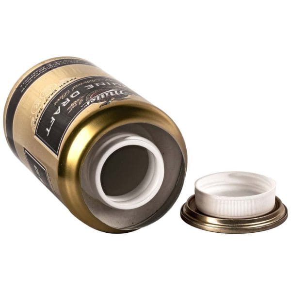 Golden beer can with cap removed, showcasing the wide opening for easy pouring.