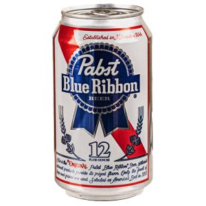 Pabst Blue Ribbon beer can, 12 fluid ounces, featuring iconic blue ribbon and red accents on the label.