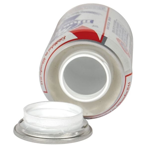 Close-up of an opened can with a detachable lid, showcasing its white plastic opening and red label design.