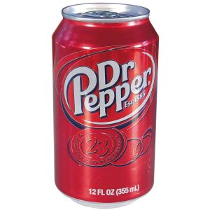 Red Dr Pepper soda can, 12 fl oz, featuring classic logo and iconic design.
